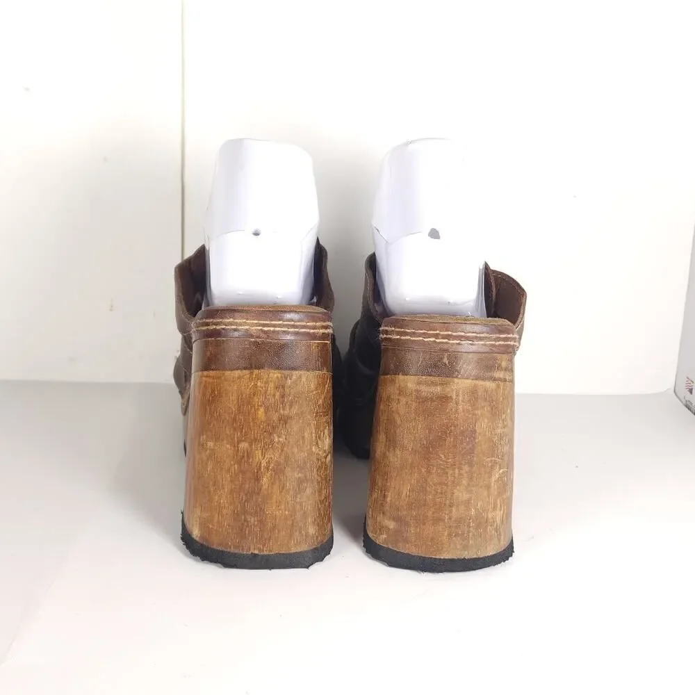 Bongo Women's Vintage 90s Y2K US10 Brown Leather Wooden Chunky Platform Sandals